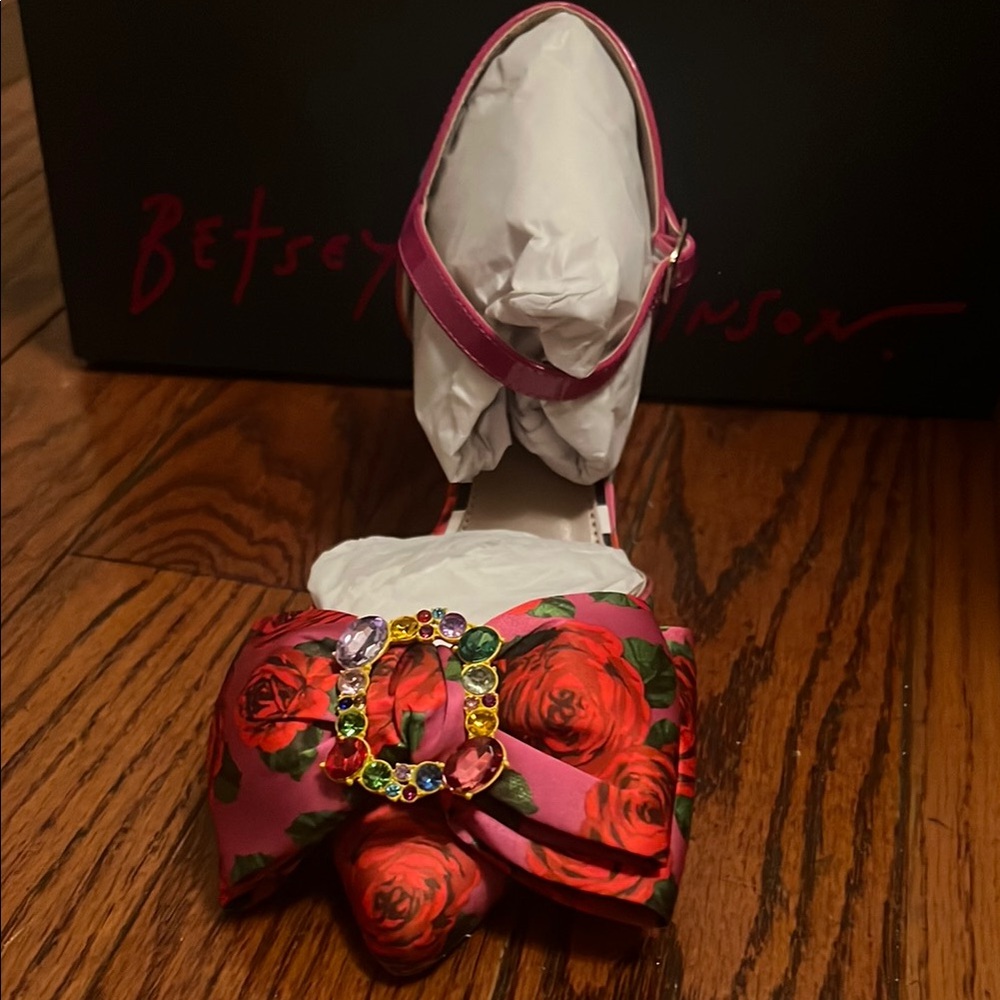 Betsey Johnson “Felipe” Pink Floral Bow Heels with Jewel Embellishment